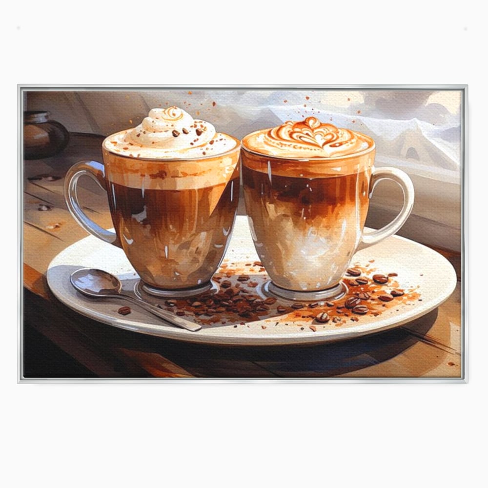 Tablou canvas cu tablou canvas cu cesti de cafea, in rama de aluminiu argintiu